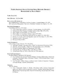 Nasa Johnson Space Center Oral History Project Biographical Data Sheet
