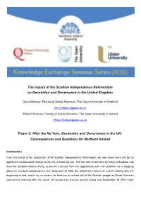 The Impact of the Scottish Independence Referendum on Devolution and Governance in the United Kingdom