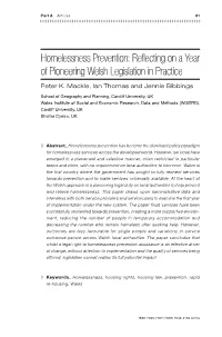 Homelessness Prevention: Reflecting on a Year of Pioneering Welsh Legislation in Practice Peter K