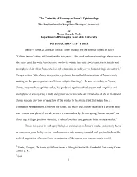 1 the Centrality of Memory in James's Epistemology and the Implications for Voegelin's Theory of Anamnesis by Macon Boczek