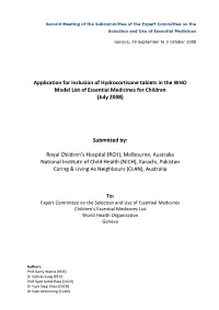 Application for Inclusion of Hydrocortisone Tablets in the WHO Model List of Essential Medicines for Children (July 2008)
