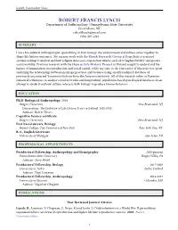 ROBERT FRANCIS LYNCH Department of Anthropology | Pennsylvania State University Greensboro, NC Robertflynch@Gmail.Com (336) 207-6218