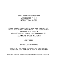 Reed Response to Request for Additional Information with a Revised Safety Analysis Report and Technical Specifications