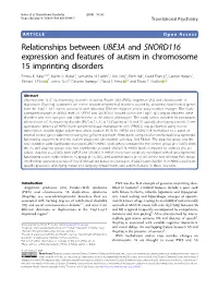 Relationships Between UBE3A and SNORD116 Expression and Features of Autism in Chromosome 15 Imprinting Disorders Emma K