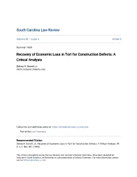 Recovery of Economic Loss in Tort for Construction Defects: a Critical Analysis