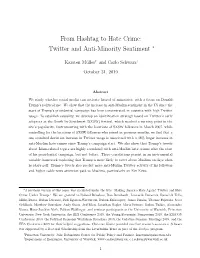 From Hashtag to Hate Crime: Twitter and Anti-Minority Sentiment ∗
