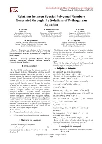 Relations Between Special Polygonal Numbers Generated Through the Solutions of Pythagorean Equation
