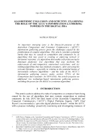 Algorithmic Collusion and Scrutiny: Examining the Role of the Accc's