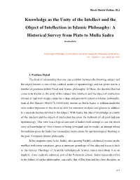 Knowledge As the Unity of the Intellect and the Object of Intellection in Islamic Philosophy: a Historical Survey from Plato to Mulla Sadra