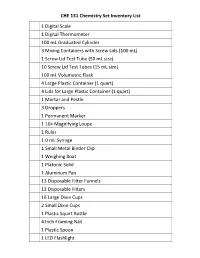 CHE 131 Chemistry Set Inventory List 1 Digital Scale 1 Digital