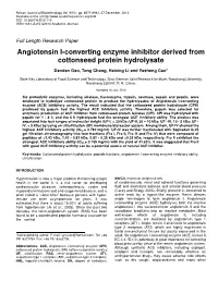Angiotensin I-Converting Enzyme Inhibitor Derived from Cottonseed Protein Hydrolysate