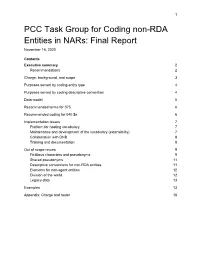 PCC Task Group for Coding Non-RDA Entities in Nars: Final Report November 16, 2020