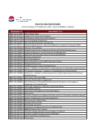 POLICIES and PROCEDURES Current Listing As at 4 September 2020 - Copies Available on Request