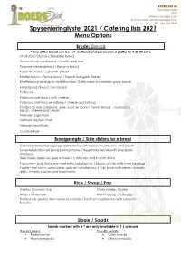 Spysenieringlyste 2021 / Catering Lists 2021 Menu Options