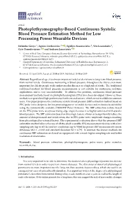 Photoplethysmography-Based Continuous Systolic Blood Pressure Estimation Method for Low Processing Power Wearable Devices