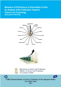 Measures of Performance of Universities in India: an Analysis of the Publication Output in Science and Technology (Study Period 1998-2008)