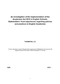 An Investigation of the Implementation of the Academies Act 2010 in English Schools