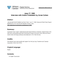 June 17, 1993 Interview with André Finkelstein by Avner Cohen
