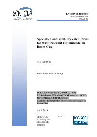 Speciation and Solubility Calculations for Waste Relevant Radionuclides in Boom Clay