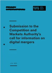 Submission to the Competition and Markets Authority’S Call for Information on Digital Mergers