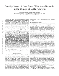 Security Issues of Low Power Wide Area Networks in the Context of Lora Networks