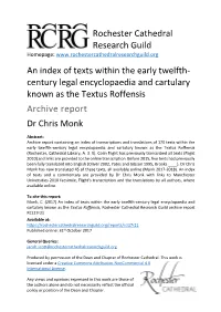 Rochester Cathedral Research Guild an Index of Texts