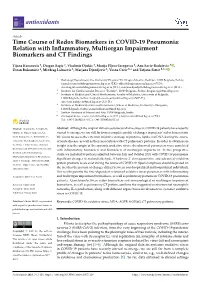 Time Course of Redox Biomarkers in COVID-19 Pneumonia: Relation with Inﬂammatory, Multiorgan Impairment Biomarkers and CT Findings