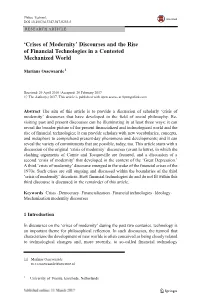 Crises of Modernity’ Discourses and the Rise of Financial Technologies in a Contested Mechanized World