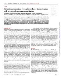Mutant Neuropeptide S Receptor Reduces Sleep Duration with Preserved Memory Consolidation Lijuan Xing, Guangsen Shi, Yulia Mostovoy, Nicholas W