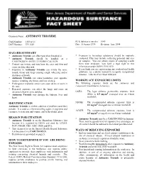 Common Name: ANTIMONY TRIOXIDE HAZARD SUMMARY IDENTIFICATION REASON for CITATION HOW to DETERMINE IF YOU ARE BEING EXPOSED WORKP