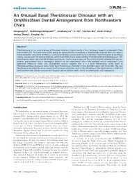An Unusual Basal Therizinosaur Dinosaur with an Ornithischian Dental Arrangement from Northeastern China