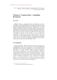 Turing on “Common Sense”: Cambridge Resonances