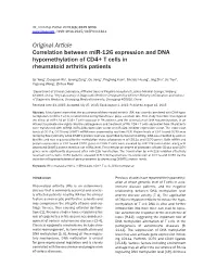Original Article Correlation Between Mir-126 Expression and DNA Hypomethylation of CD4+ T Cells in Rheumatoid Arthritis Patients
