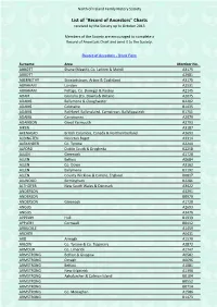 List of "Record of Ancestors" Charts Received by the Society up to October 2013