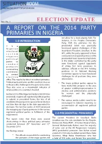 Election Update : a Report on the 2014 Party Primaries in Nigeria