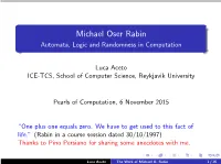 Michael Oser Rabin Automata, Logic and Randomness in Computation