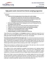 High Grade Results Returned from Diorite Sampling Programme
