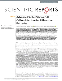 Advanced Sulfur-Silicon Full Cell Architecture for Lithium Ion Batteries