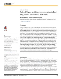 Role of Vision and Mechanoreception in Bed Bug, Cimex Lectularius L
