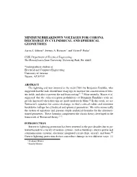Minimum Breakdown Voltages for Corona Discharge in Cylindrical and Spherical Geometries