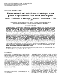 Phytochemical and Antioxidant Screening of Some Plants of Apocynaceae from South West Nigeria