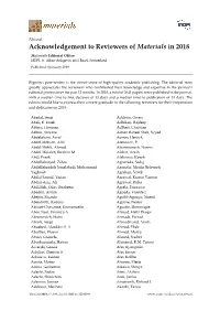 Acknowledgement to Reviewers of Materials in 2018 Materials Editorial Office MDPI, St