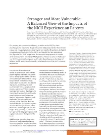 Stronger and More Vulnerable: a Balanced View of the Impacts of the NICU Experience on Parents