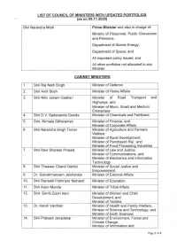 LIST of COUNCIL of MINISTERS with UPDATED PORTFOLIOS (As on 09.11.2020) Shri Narendra Modi Prime Minister and Also In-Charge
