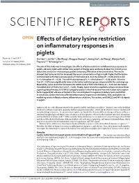 Effects of Dietary Lysine Restriction on Inflammatory Responses in Piglets