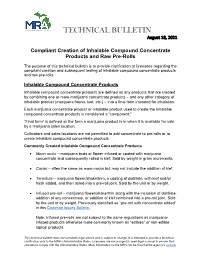 Compliant Creation of Inhalable Compound Concentrate Products and Raw Pre-Rolls