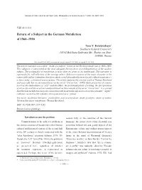Return of a Subject in the German Metafiction of 1960–1990