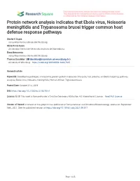 Protein Network Analysis Indicates That Ebola Virus, Neisseria Meningitidis and Trypanosoma Brucei Trigger Common Host Defense Response Pathways