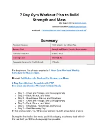 7 Day Gym Workout Plan to Build Strength and Mass Summary