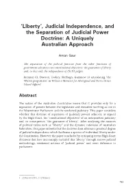 Judicial Independence, and the Separation of Judicial Power Doctrine: a Uniquely Australian Approach